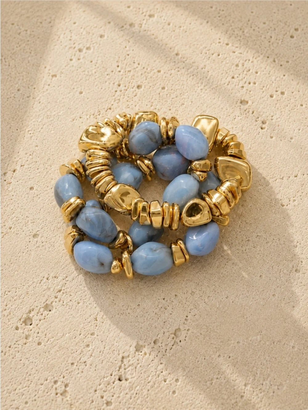 Gold-Tone & Light Blue Beaded Stretch Bracelet Set
